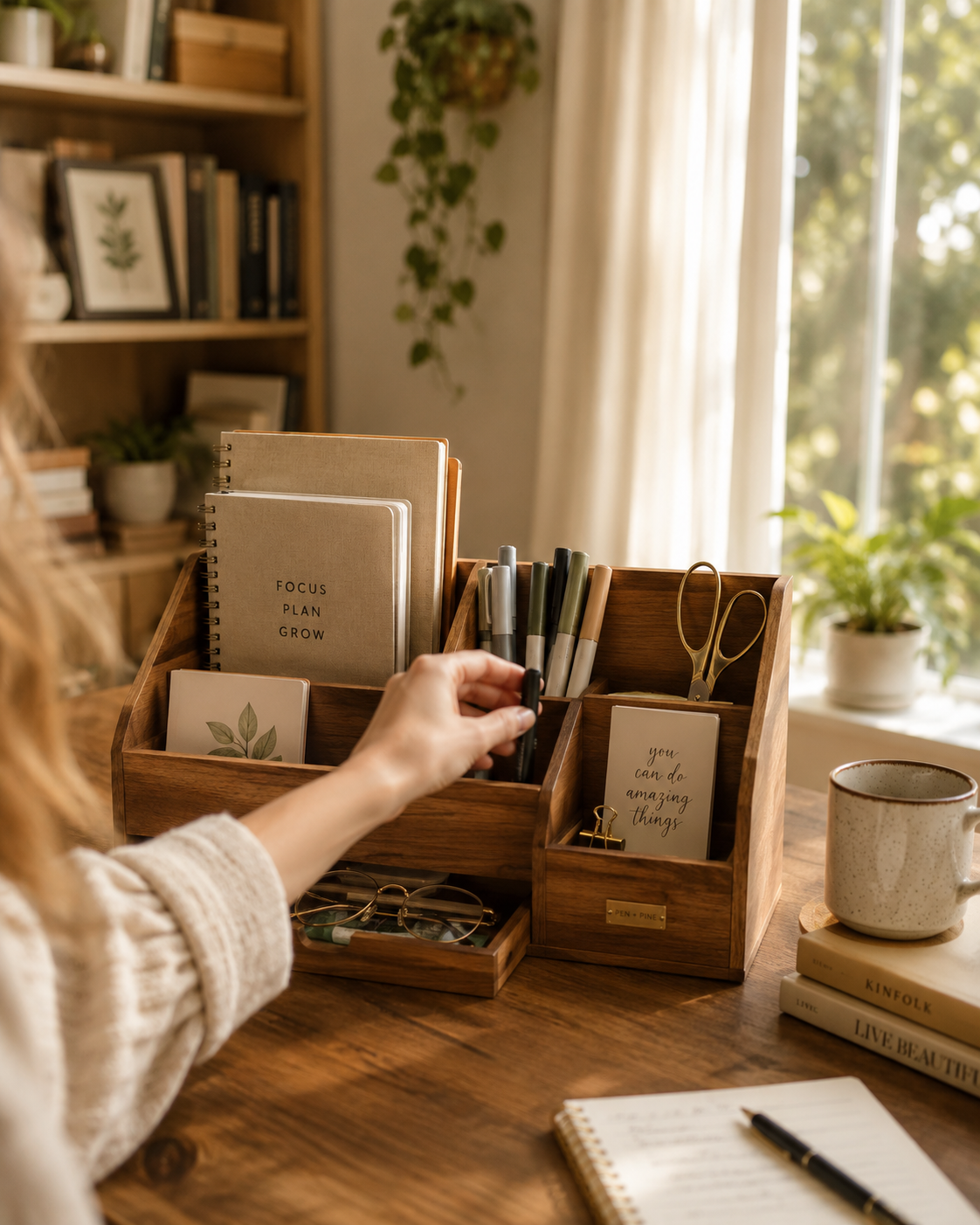 Organisateur de bureau en bois — Grande capacité avec tiroir