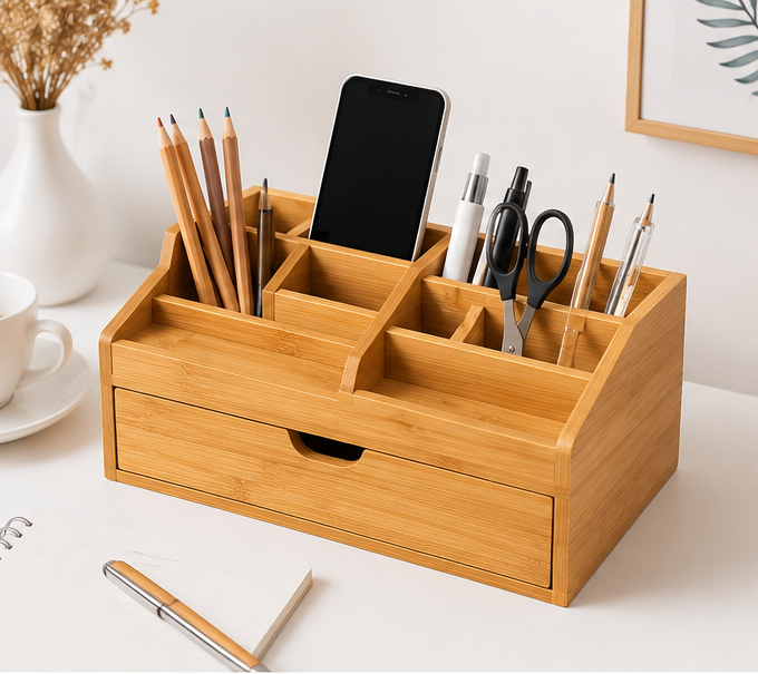 Organisateur de Bureau en Bambou – Multifonction avec Compartiments & Tiroir