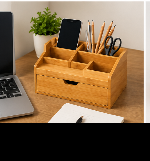 Organisateur de Bureau en Bambou – Multifonction avec Compartiments & Tiroir